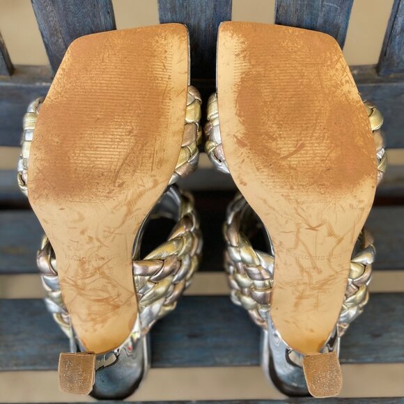 Marc Fisher Toree Women’s Braided Metallic Heeled Sandals 9.5 Silver Square Toe - Picture 10 of 10